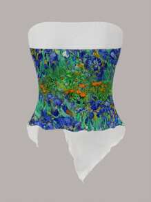 SHEIN MOD Casual Drawstring Asymmetrical Hem Body-Hugging Halter Top With Vintage Van Gogh Painting Print