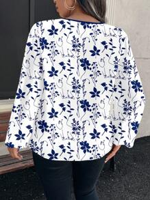 SHEIN Clasi Casual Retro Bloemenprint Ronde Hals Lange Mouw Plus Size Shirt, Geschikt Voor Lente/Zomer