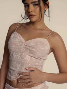 MUSERA Lace Lined Ruched Bust Spaghetti Strap Fitted Cropped Top Only Spring Summer Vacation