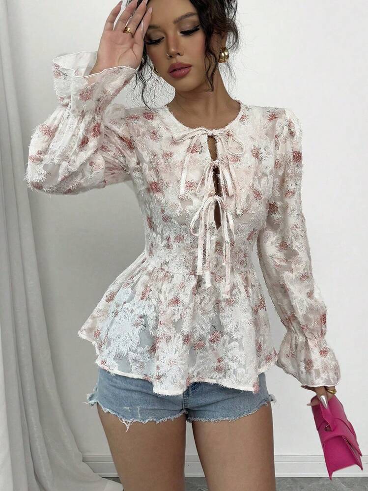 Elenzga Standard Size Women's Round Neck Flare Sleeve Bowknot Decor Blouse - Multicolor - View 6