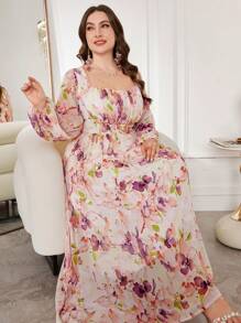 Modelyn Plus Size Women Stylish Elegant Placement Print A-Line Cinched Waist Midi Dress For Spring - Multicolor - View 1