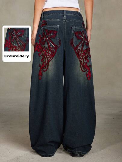 Grunge Punk Jeans droits extra longs, délavés, avec motif de vigne croisée punk Kpop, style oversize