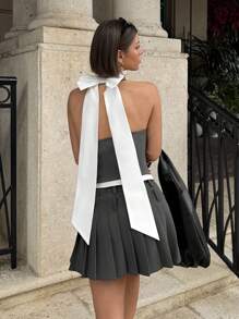 SHEIN Essnce Summer Women's Elegant Back Extra Long Contrast Bow Decoration Halter Top,Business Casual Woman,Graduation,Easter,Festival For Women - Grey - View 2
