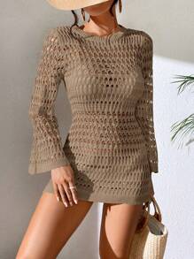 Elenzga Solid Color Hollow Out Knit Flare Sleeve Tie-Front Open Back Dolman Cover Up For Summer Beach Vacation