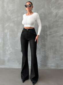 EURMUSE 98% Cotton Zip Front Flare Jeans, Casual And Stylish For Everyday Wear - Black - View 4
