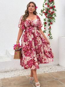 Sunnyshic Vestido con estampado floral, mangas con volantes y abertura, talla grande, elegante y romántico para fiestas, eventos y vacaciones