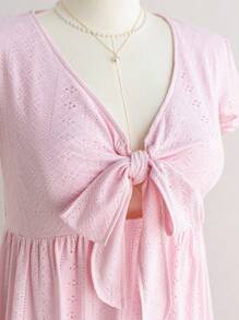 Soleia Plus Size Women's Spring Vacation Jacquard Knit Holey Fabric Ruffled Short Sleeve A-Line Maxi Dress - Pink - View 7