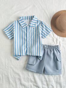 SHEIN Toddler Boys' Country Style Casual Comfortable Shirt Set - Blue - View 1