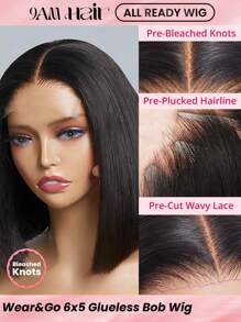 ALL READY WIG Peruka typu Bob, wstępnie wybielona, wstępnie oskubana, wstępnie przycięta, koronkowa, topliwa, 6x5, bez kleju, prosta, do noszenia i zamykania, 100% ludzkich włosów, 9AM HAIR
