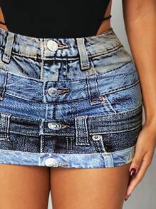 SHEIN SXY Spring Summer Street Casual Daily Comfort Sexy Nightclub Rock Hot Girl Music Festival Denim Effect High Waist Tight Mini Women Skirt Short - Multicolor - View 4