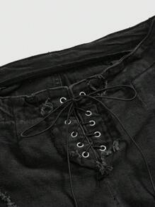 ROMWE Grunge Punk Y2K Baddie Hollow Eyelets Lace-Up Decor Ultra Low Rise Skinny Flare Jeans