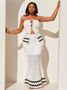 SHEIN SXY Plus Size Women's Spring/Summer Crochet Fabric Strapless Top Paired With Fish Tail Hem Mini Skirt, 2 Pieces Set, Suitable For Date Night, Birthday, Bachelorette Party Outfit, Cute, Casual, Shopping, Streetwear, Going Out, Easy To Match & Looks Slim, Accentuates Your Body, Flattering Fit