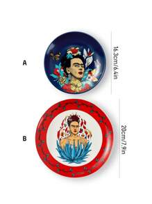 Frida Kahlo X SHEIN Flower Pattern Dinner Plates, Two Sizes, Microwave & Dishwasher Safe, Can Be Used For Cakes, Fruits, Pasta, Etc.