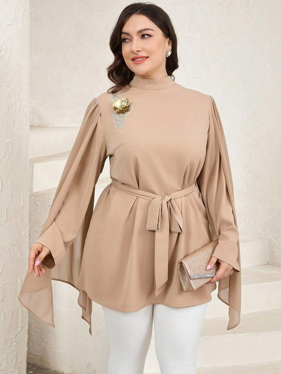 Veilorie Plus Size Women 3D Floral Embellished Poncho Top, Elegant Retro Style - Camel - View 1