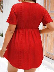EMERY ROSE Plus Size Solid Color Hollow Out Embroidery T-Shirt, Casual Holiday Wear - Red - View 2