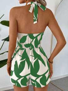 Breezaya Leaf Print Halter Neck Elastic Waist Romper, Spring/Summer - Multicolor - View 2