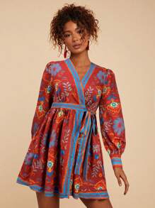 Travachic Floral Print Long Sleeve Graphic Shirt Dress For Women, Dress - Red - View 3