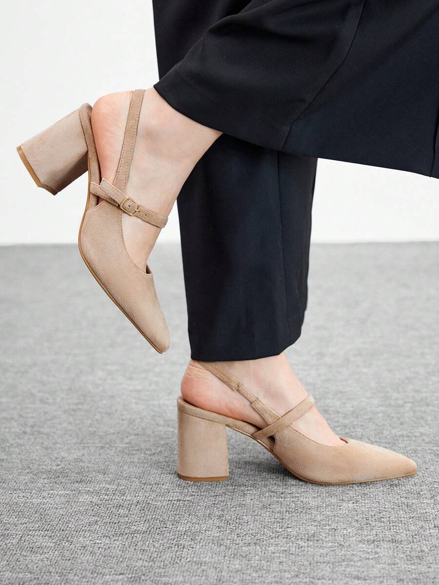 CUCCOO BIZCHIC Women's Minimalist Pointed Toe Ankle Strap Elegant Solid Color Thick Heel Pumps, Suitable For Work For Christmas Spring Shoes - Apricot - View 1
