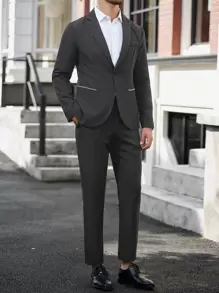 Manfinity Mode Men's Lapel Neck Long Sleeve Jacket & Pants Casual Business Suit Set Wedding Outfit For Men Men Wedding Suit Nice Suit For Men Wedding Suit For Men - Dark Grey - View 8