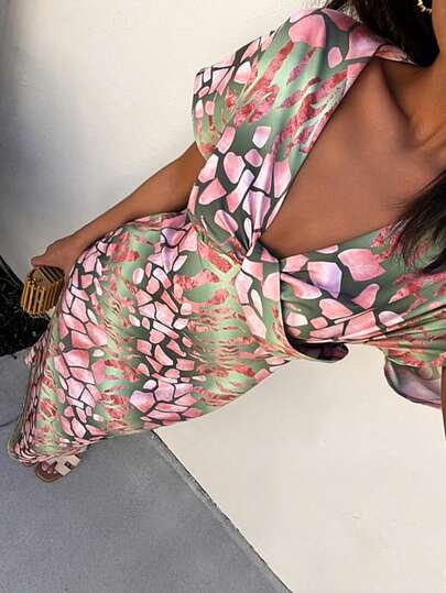 Selianne Women's Printed Short Sleeve Twist Knot Casual Long Dress, Random Prints