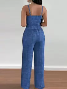 INAWLY 2 件套女式花卉印花吊带背心和松紧腰系带阔腿裤套装 - 霧霾藍 - 查看 2