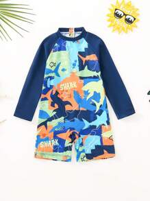 男婴字母印花插肩长袖休闲泳衣（配短裤） - 彩色 - 查看 4