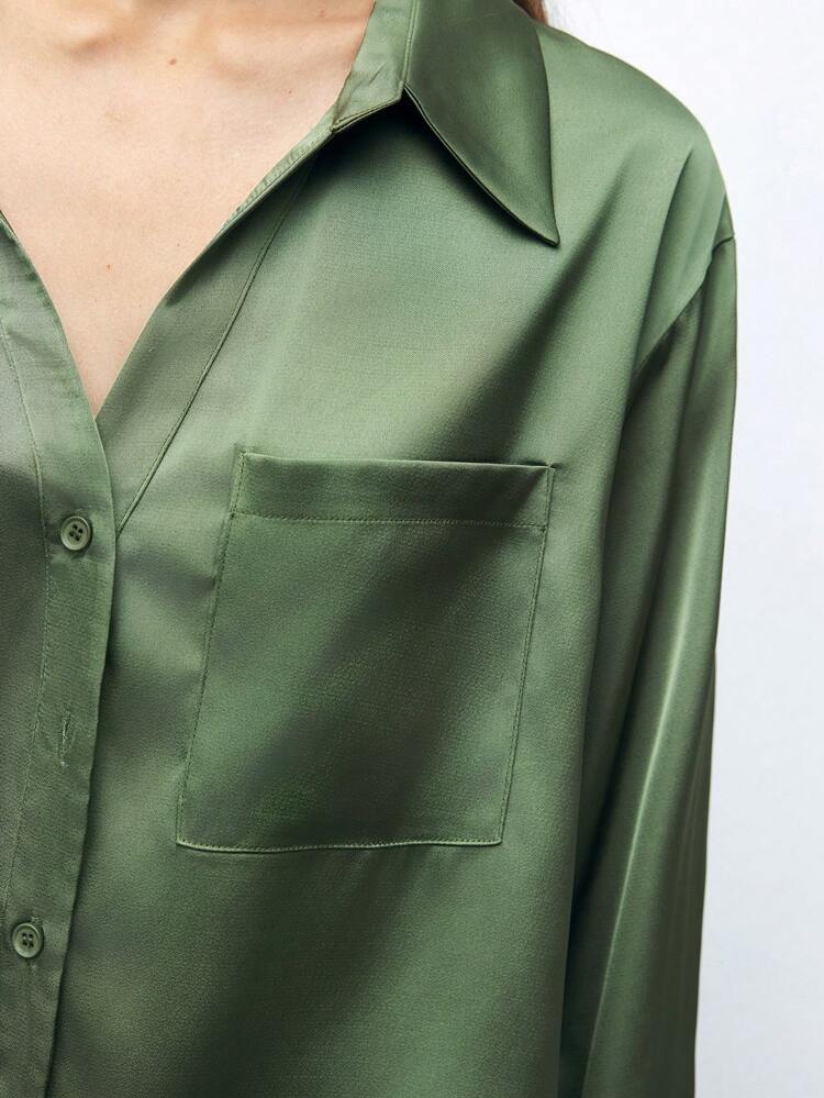 SHEIN Maija Women's Green Early Spring Solid Satin Twill Drop Shoulder Long Sleeve Single-Breasted Casual Urban Pocket Shirt, Spring Vacation, Music Festivals,Ting Women Easter Summer Easter Women Party Top Beach Summer Holiday Beach Vacation Summer Going Out Graduation Casual Blouses For Women Elegant Women's Blouses Casual Blouse For Women Formal Attire For Women Office Wear Women Business