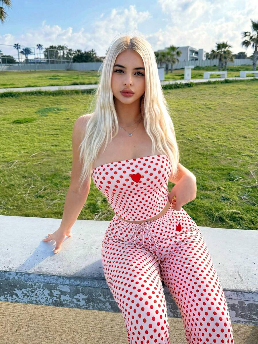 Sweetina 2pcs Spring And Summer Going Out Polka Dot Pink And Red Heart Bandeau Dot Print Top & Low Rise Flare Pants 2 Pieces Set - Multicolor - View 1