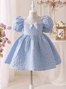 SHEIN Leap Crew Young Girl Jacquard Puff Sleeve Fitted Elegant Dress Young Girl Dresses Young Girls Clothing Easter Dress Young Girl Birthday Dress Young Girl Spring Dress,Spring And Summer Suits - Blue - View 1