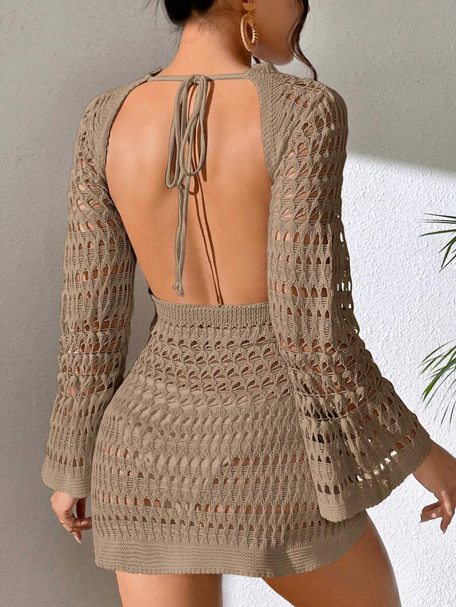 Elenzga Solid Color Hollow Out Knit Flare Sleeve Tie-Front Open Back Dolman Cover Up For Summer Beach Vacation