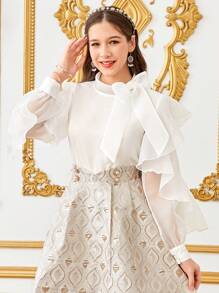 SHEIN Leap Crew Teenager Girl Cute Ruffle Trim Long Sleeve Semi-Sheer Bow Decor Blouse - White - View 5