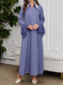 Al Najma 女士休闲传统纯色不对称袖装饰领宽松连衣裙，端庄