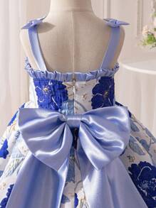 Young Girl Jacquard Woven Bowknot Decor Camisole Dress - Blue - View 4