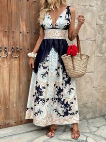 Chiquease Women's Vacation Beach Deep V Halter Tie Neck Backless Retro Print Dress