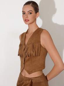 Aveloria Affinna 西部女牛仔风格 V 领拼接流苏短款修身女式无袖背心夹克