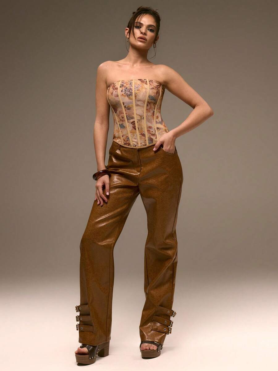 MUSERA Faux Leather Buckle Detail Trousers Western Festival Rave Ibiza Chic Elegant Summer - Brown - View 1