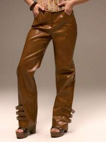 MUSERA Faux Leather Buckle Detail Trousers Western Festival Rave Ibiza Chic Elegant Summer - Brown - View 2