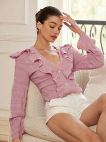 Aveloria Rosie French Elegant Ruffle V-Neck Bishop Sleeve Loose Textured Blouse For Women, Pink Long Sleeve Style Fall Cloth For Women