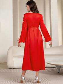 Al Najma 女士奢华手工水晶袖口仿皮草装饰长款派对连衣裙