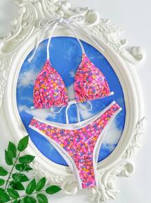 SHEIN Swim 2pcs Women Ditsy Floral Spaghetti Strap Halter Crop Top And Low Waist Thong Bikini Set, Minimalist & Sexy Daily Swimwear, For Summer Beach Vacation - Multicolor - View 3