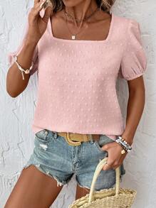 SHEIN LUNE 女士休闲纯色露背系带泡泡袖方领衬衫，春夏可爱上衣，夏季上衣，露脐上衣，女士度假装，女士外出上衣，休闲款 - 粉色 - 查看 4