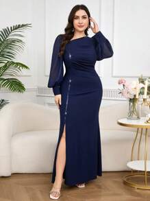 Modelyn Plus Size Casual Solid Color Simple Fashionable Everyday Dress - Navy Blue - View 1
