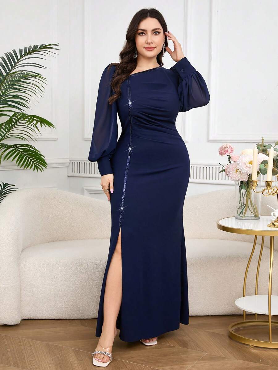 Modelyn Plus Size Casual Solid Color Simple Fashionable Everyday Dress - Navy Blue - View 1