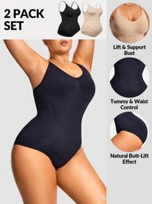 SHAPORA 2 件装无缝高腰丁字裤套装塑身衣下装塑身提臀器带可调节 3 级闭合提臀器-腹部腰部控制 - 彩色 - 查看 1