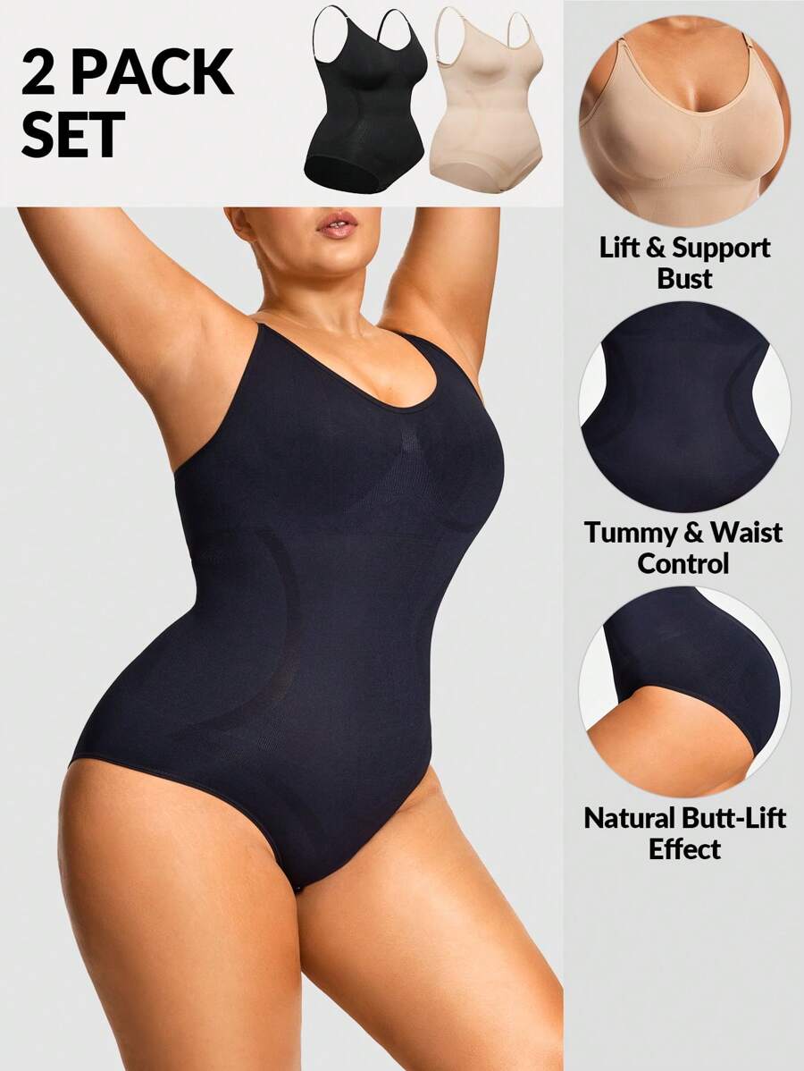 SHAPORA 2 件装无缝高腰丁字裤套装塑身衣下装塑身提臀器带可调节 3 级闭合提臀器-腹部腰部控制 - 彩色 - 查看 1