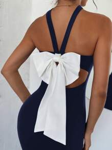 SHEIN Privé 大码女士性感优雅连衣裙、露背连衣裙、派对连衣裙、裹臀鱼尾连衣裙、大蝴蝶结连衣裙、约会连衣裙、优雅女士连衣裙正式连衣裙节日连衣裙黑色万圣节连衣裙 - 藏蓝色 - 查看 5