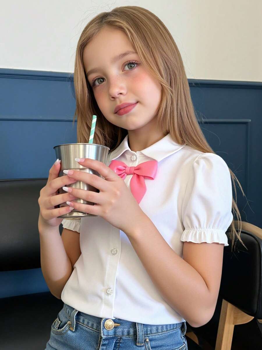 SHEIN Young Girl Solid Color Elegant 3D Bow Ruffle Short Sleeve Shirt, Suitable For Multiple Occasions - White - View 1