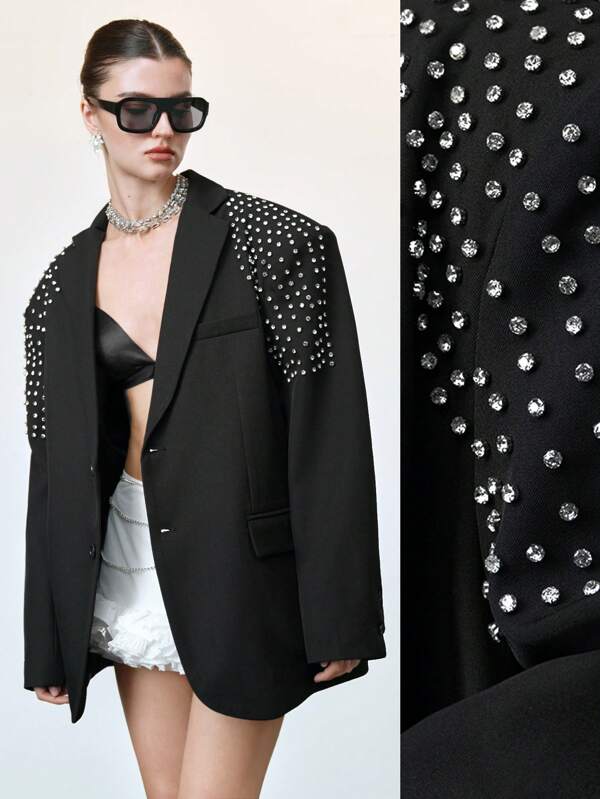 Arave Chaqueta formal oversize negra con diseño de tachuelas y hombros acolchados para mujer, con bolsillos reales, chaqueta con cremallera y chaqueta blazer con rhinestones para mujer