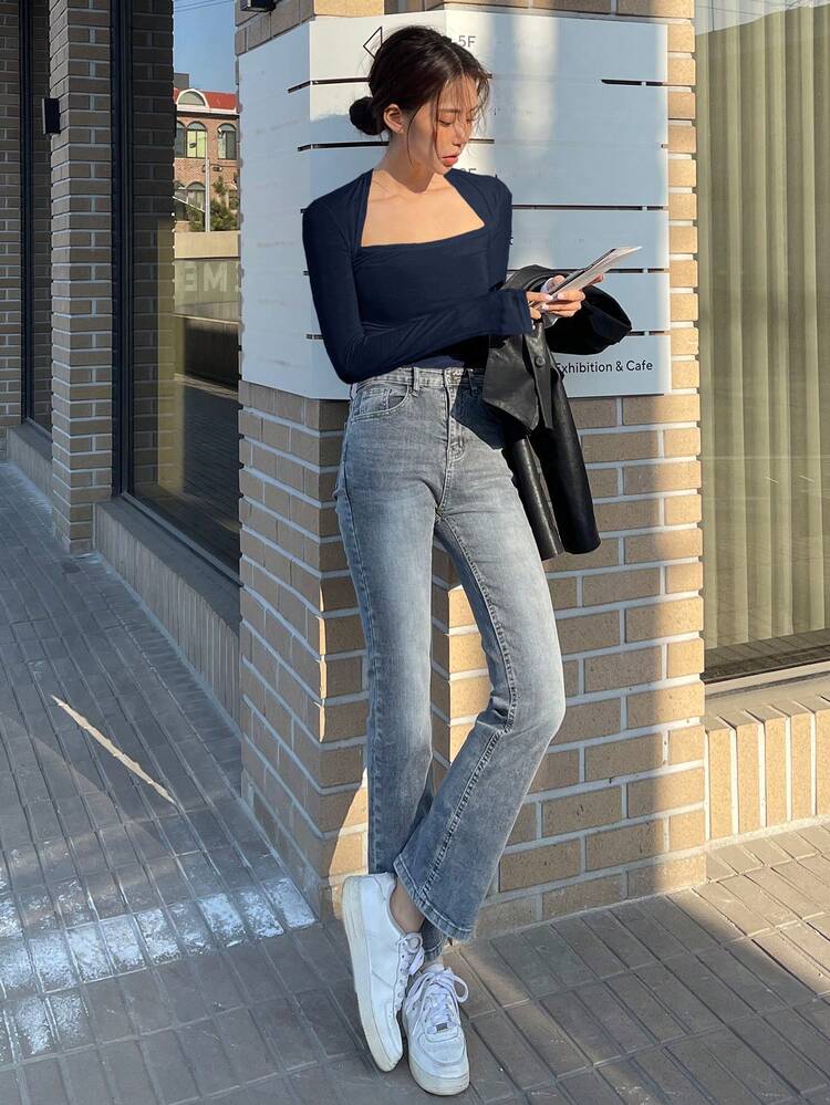 Women's Simple Solid Color Fleece Trimmed Collar T-Shirt,Fall Clothes Long Sleeve Women Tops