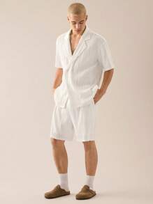 Manfinity VCAY Men's Knitted Casual Loose Textured Suit Jacket & Drawstring Waist Straight Leg Shorts 2 Pieces Set - White - View 2